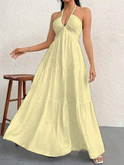 Backless Halterneck V-Neck Pleated A- Line Dress Women's Clothing One-Piece Dress Ankle-length Skirt For Beach Vacation Outfits