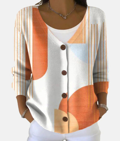 Women’s Printed Knit Cardigan Sweater with Buttons – Casual Long-Sleeve Patterned Pullover