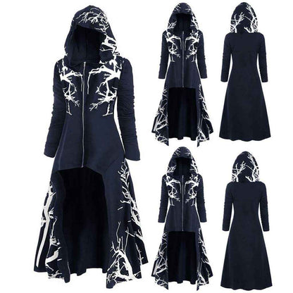Gothic Halloween Cape Jacket for Women – Printed Long Sleeve Zip-Up Costume Coat