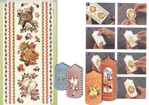 Transferts de bougies - Bordure d'oiseaux, de roses et de colombes