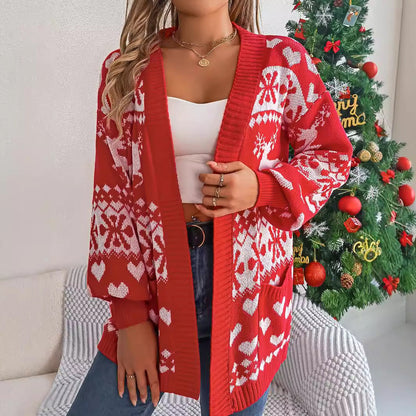 Women's Christmas Deer Cardigan – Oversized Knit Sweater with Pockets for Winter