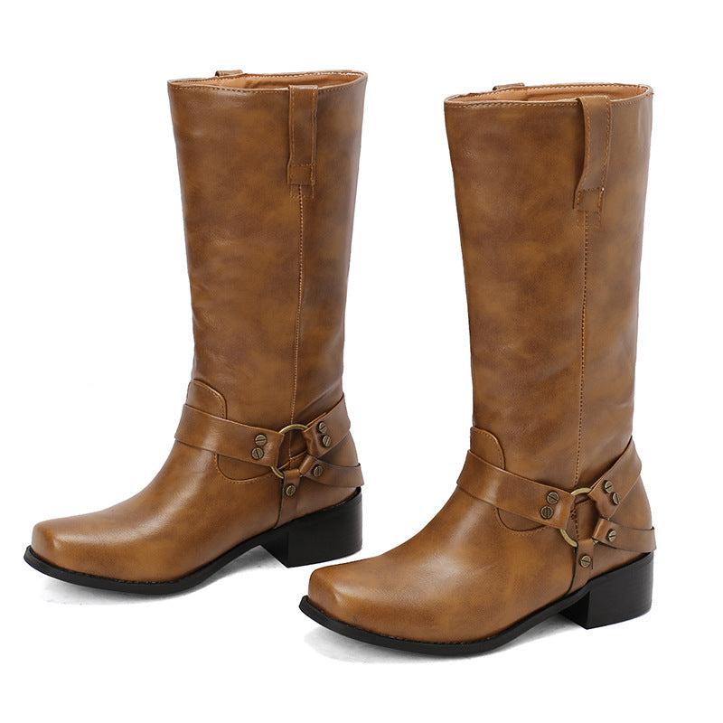 Women’s Square Toe Mid-Calf Boots – Stylish Suede Denim Boots for Fall & Winter