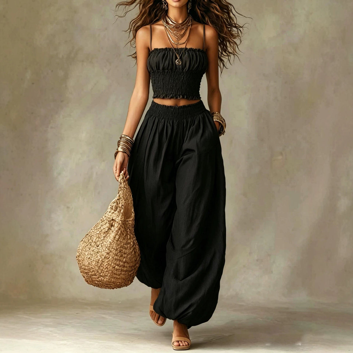 Women's Strapless Two Piece Set – Crop Top and Wide Leg Lantern Pants Outfit