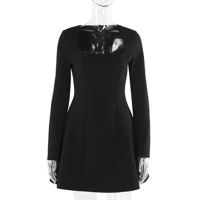 Women's Slim-Fit Square-Neck Long-Sleeve Dress – Elegant High-Waist Pullover Dress