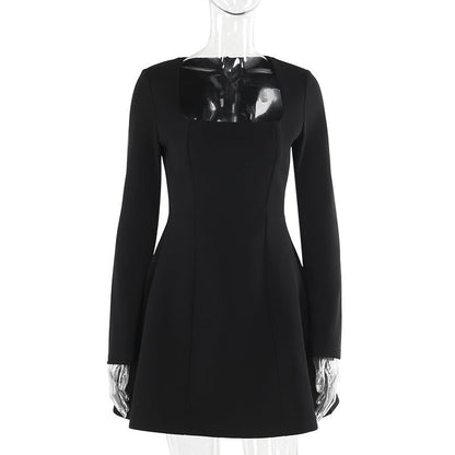 Women's Slim-Fit Square-Neck Long-Sleeve Dress – Elegant High-Waist Pullover Dress