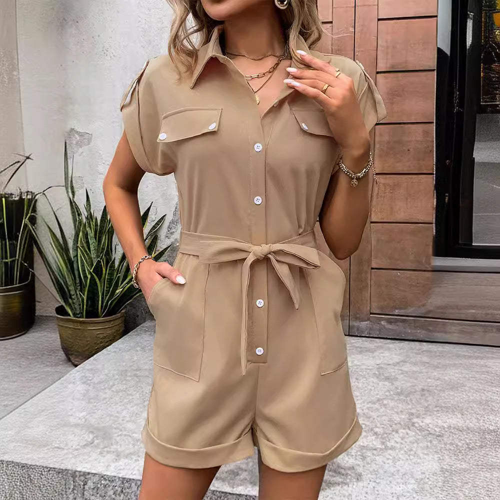 Women's Summer High-Waist Lapel Jumpsuit with Tie and Pockets