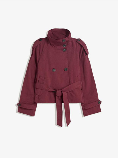 Women’s Retro Double-Breasted Trench Coat – Lapel Collar Long-Sleeve Lace-Up Short Jacket