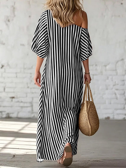 Asymmetrical One-Shoulder Striped Maxi Dress – Puff Sleeve Ruffle Hem Loose Vacation Dress with Pockets