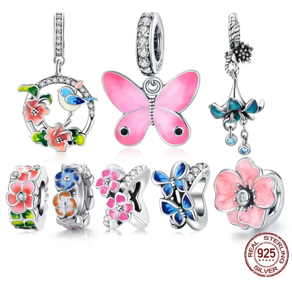Pendentif en argent sterling 925 avec oiseaux colorés, fleurs, feuilles en oxyde de zirconium - Breloque pour bracelets et colliers