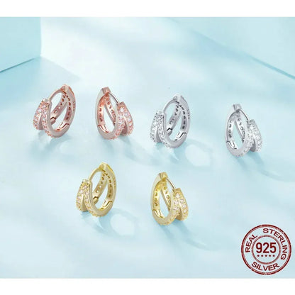 Boucles d'oreilles créoles doubles en argent sterling 925, avec géométrie élégante et cristal de zircon