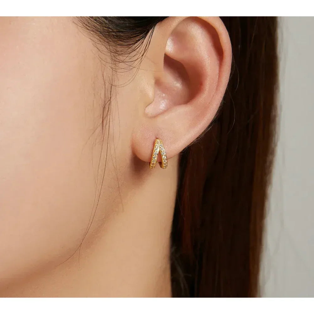 Boucles d'oreilles créoles doubles en argent sterling 925, avec géométrie élégante et cristal de zircon