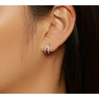 Boucles d'oreilles créoles doubles en argent sterling 925, avec géométrie élégante et cristal de zircon