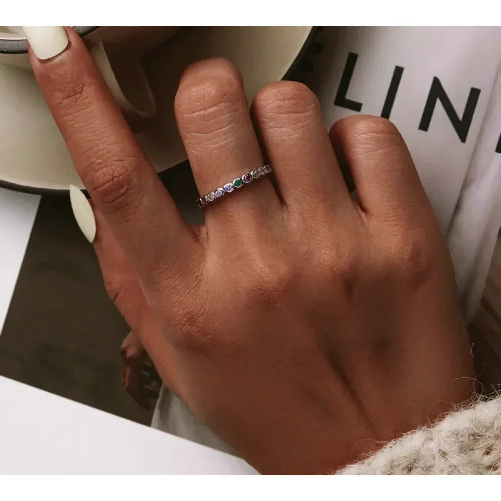 Bague Bande Arc-en-ciel en Argent Sterling 925 avec Zircones Cubiques