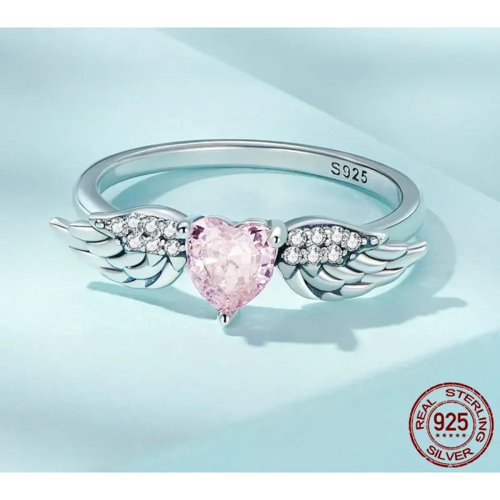 Bague en argent sterling 925 avec ailes de cœur rose et zircone cubique