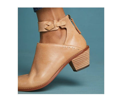 Women’s Leather Ankle Boots – Cut-Out Buckle Strap Booties with Back Zipper