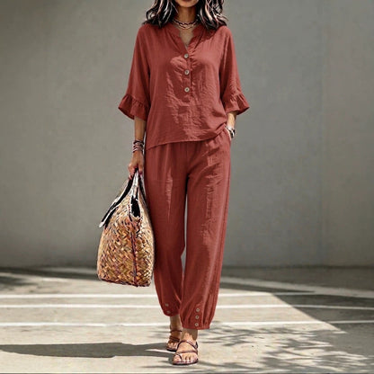 Women’s 2-Piece Casual V-Neck Top & Cropped Wide-Leg Pants Set – Retro Office Outfit