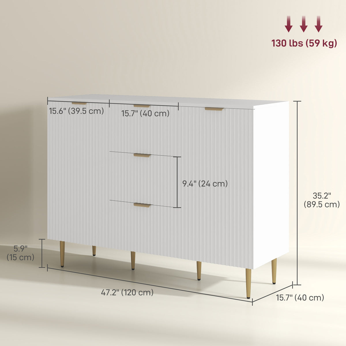 Ellis Modern Kitchen Buffet/Hallway Cabinet with 3 Drawers-White