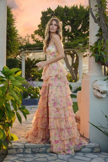 Robe longue étagée à imprimé floral