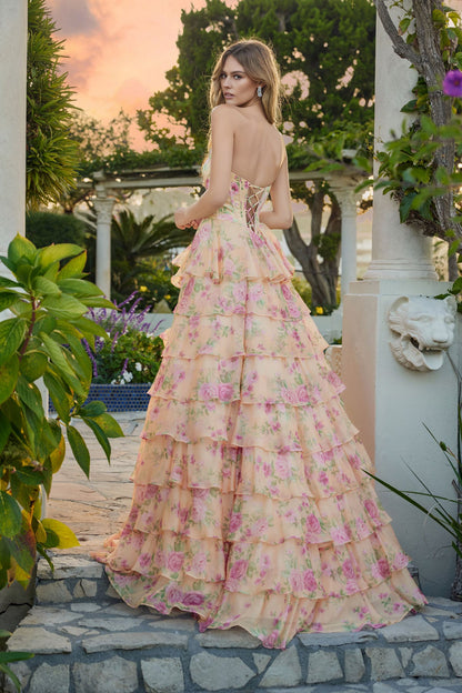 Robe longue étagée à imprimé floral