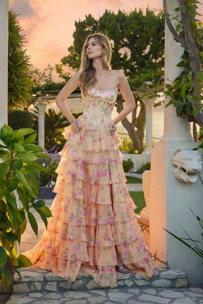 Robe longue étagée à imprimé floral