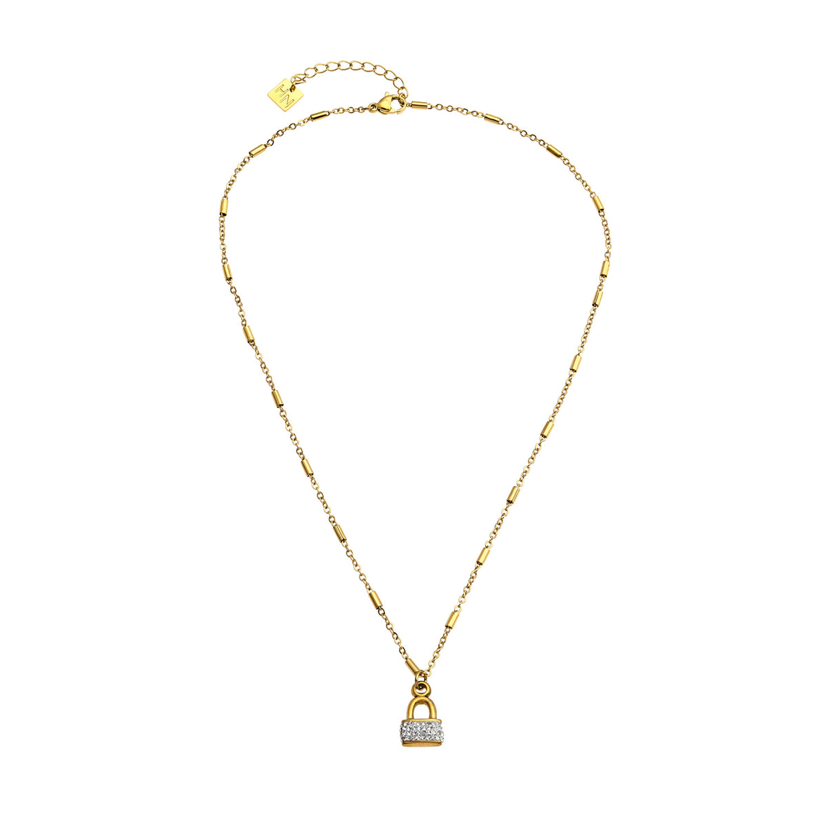 Style ABENI: Pavé Zirconia Pad Lock Pendant on a Tube Bead Chain Necklace in Gold