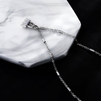ABENI Tube Bead Chain Necklace with a Pavé Zirconia Pad Lock Pendant in Silver