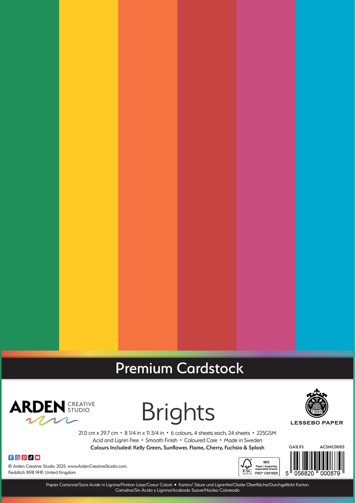Arden Creative Studio Papier cartonné Premium couleurs vives A4 225 g/m² Paquet de 24