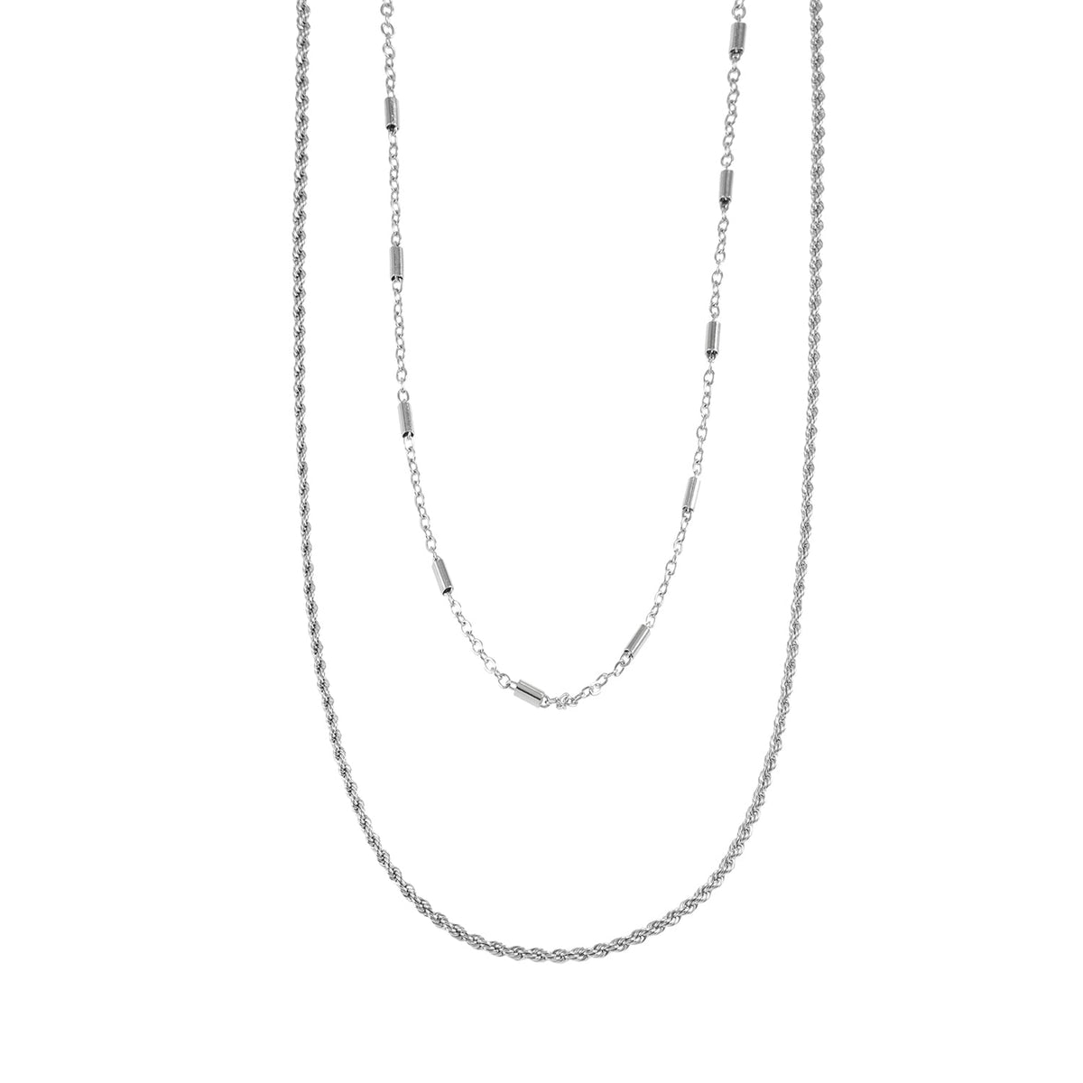 ADDA: Double Layer Mixed Chain Necklace in Silver Toned White Gold