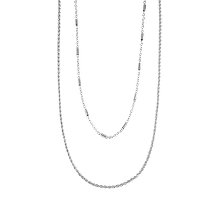 ADDA: Double Layer Mixed Chain Necklace in Silver Toned White Gold