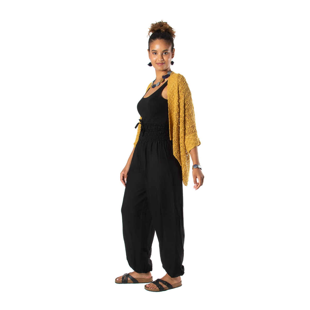 Cardigan à manches courtes en tricot point de riz - Moutarde