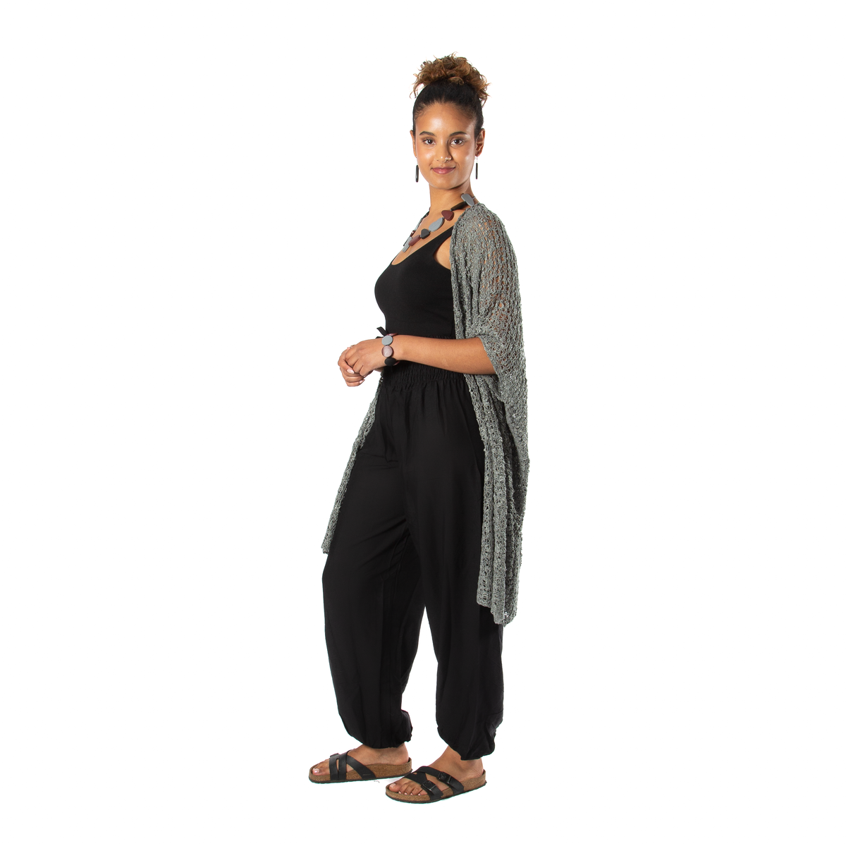 Kimono en tricot popcorn mi-long - Gris
