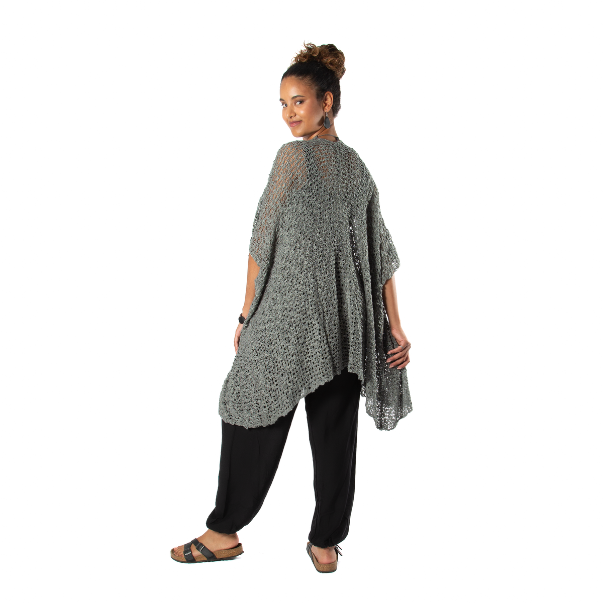 Kimono en tricot popcorn mi-long - Gris