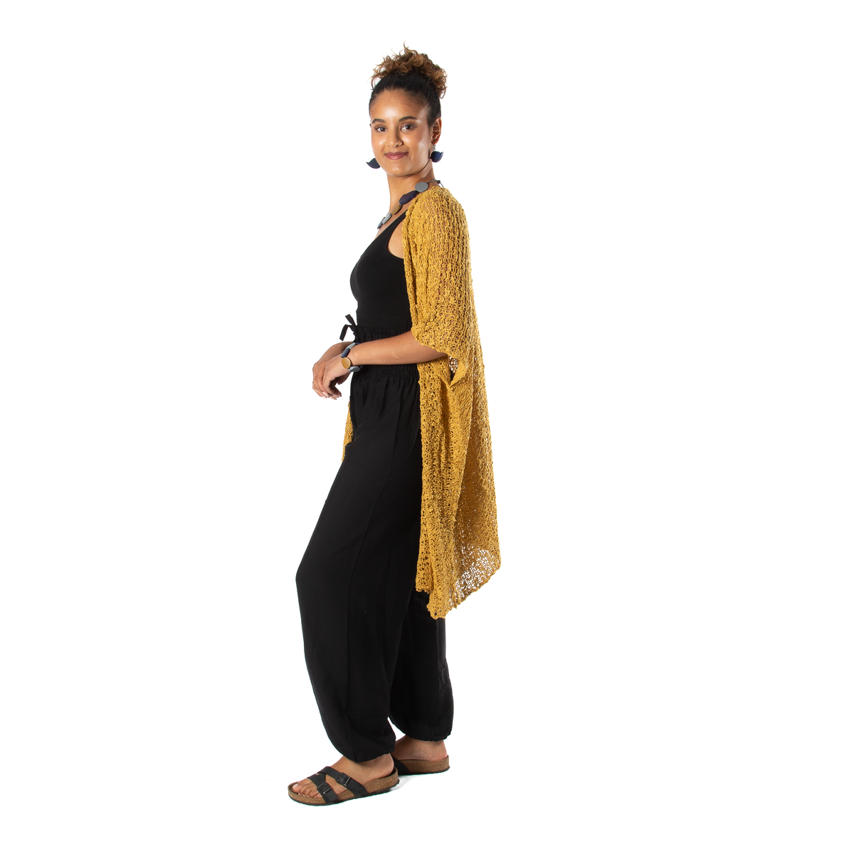 Kimono en tricot popcorn mi-long - Moutarde