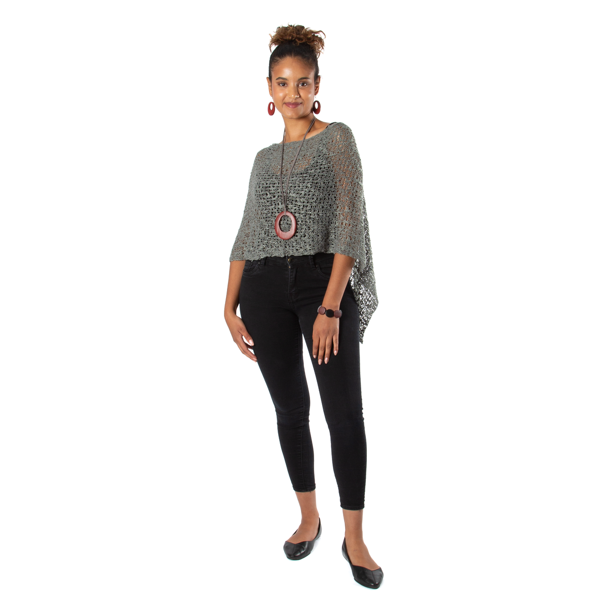 Short Popcorn Knit Poncho - Grey