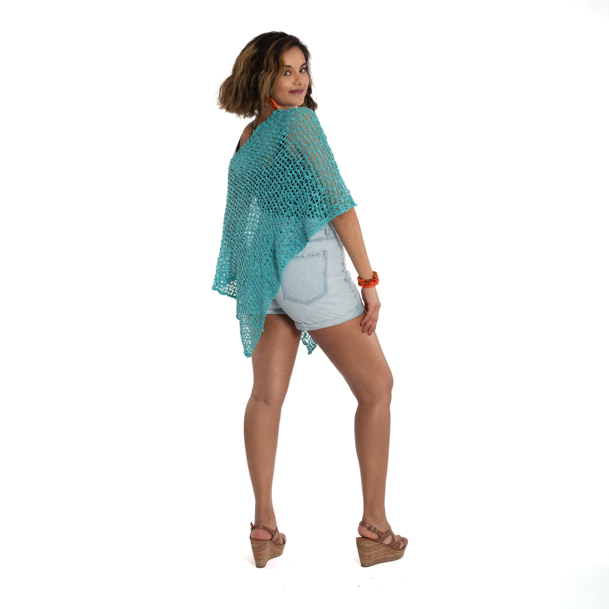 Short Popcorn Knit Poncho - Teal