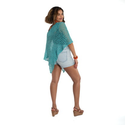 Short Popcorn Knit Poncho - Teal