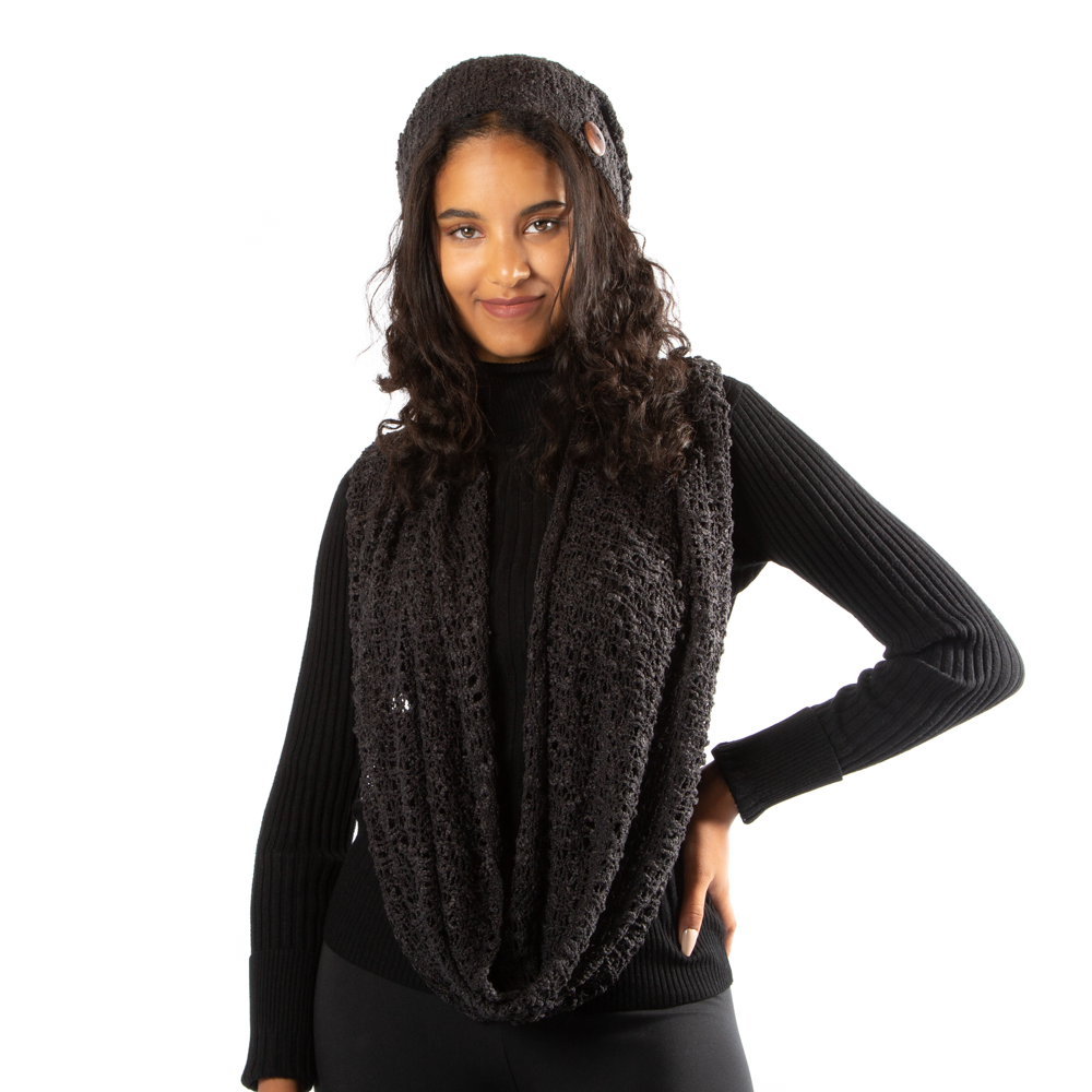 Black Popcorn Knit Hat With Button