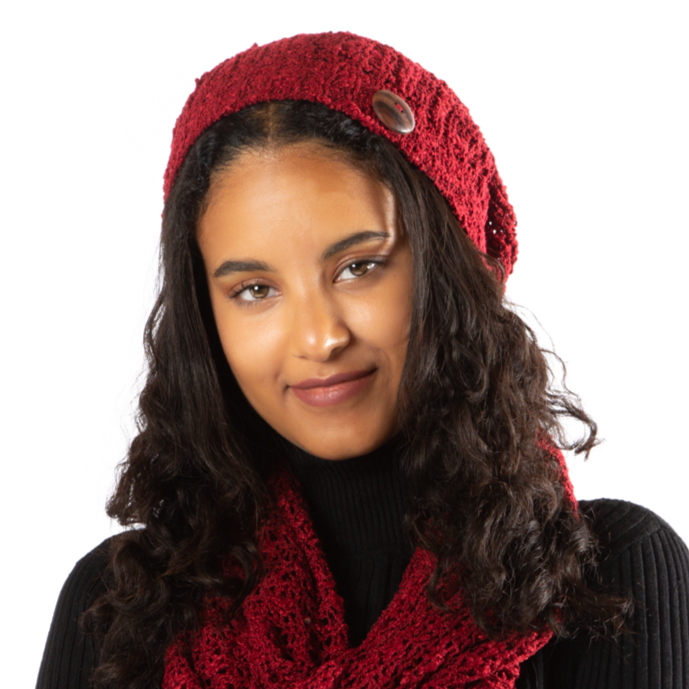 Bonnet en tricot rouge Popcorn avec bouton