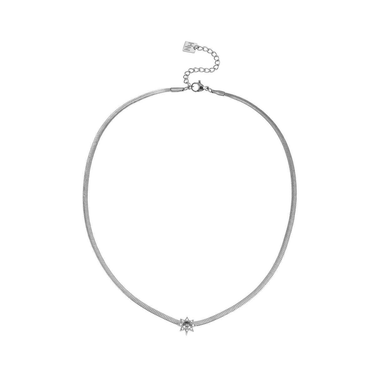 AGULHAS Or Blanc (Ton Argent) : Élégance Céleste - Collier Chaîne Peau de Serpent avec Pendentif Étoile Incrusté de Zirconium