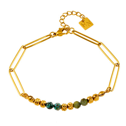 AIJAMI: Link-Chain, Gold Beads & African Turquoise Natural Stones Bracelet