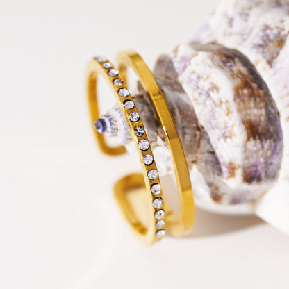 AIZA: Twin Banded Ring with Pavé Zirconia & Smooth Finish Contrasting Surfaces