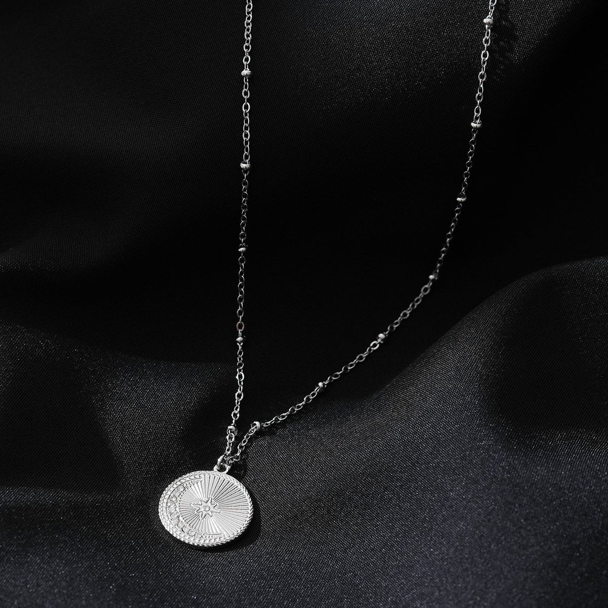 AMASA: Beaded Chain with Star & Pavé Crescent Moon Zirconia Charm - Silver