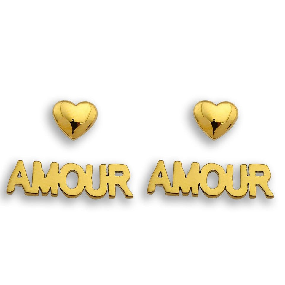 AMOUR & CŒUR – Boucles d'oreilles clous fantaisie (2 paires) en or.