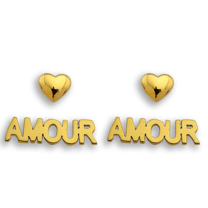 AMOUR & CŒUR – Boucles d'oreilles clous fantaisie (2 paires) en or.