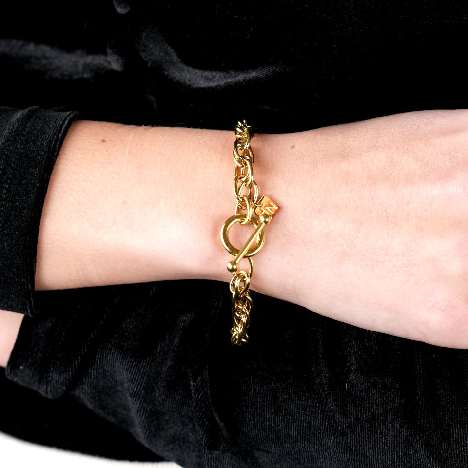 ARDA Gold : Bracelet multi-maillons épais et complexe avec anneau et fermoir en T