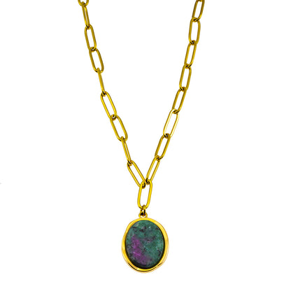 ASAMI Gold: Contemporary Paperclip Chain anchoring a Ruby Zoisite Oval Pendant