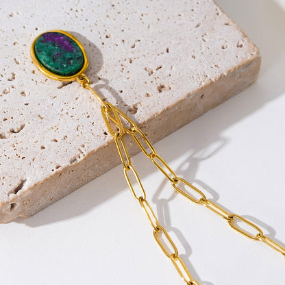 ASAMI Gold: Contemporary Paperclip Chain anchoring a Ruby Zoisite Oval Pendant