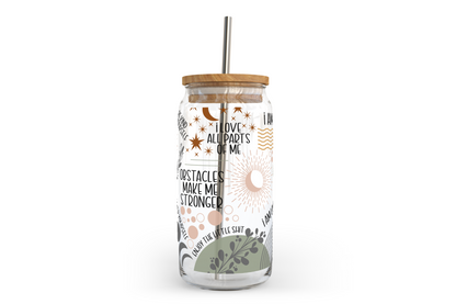 Verre bohème avec couvercle en bambou et affirmations