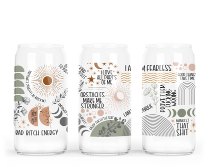 Verre bohème avec couvercle en bambou et affirmations