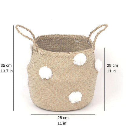 Bomba - Panier en jonc de mer avec pompons blancs